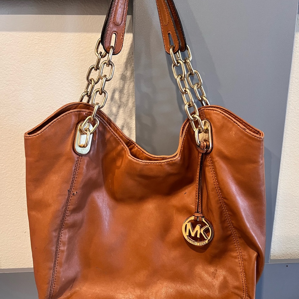 Michael Kors Tan Leather Tote Bag with Gold Chain Straps & MK Charm